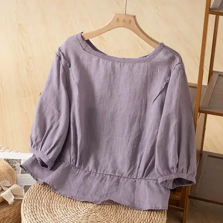 享永子七分袖方领苎麻小衫女薄文艺复古短款棉麻上衣2023夏季新款图片