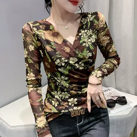 扎染撞色上衣女长袖2023春秋新款性感网纱V领T恤设计感交叉打底衫商品大图