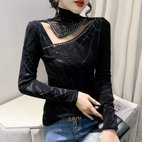 欧货加绒打底衫女秋冬性感镂空网纱拼接T恤长袖内搭烫钻高领上衣商品大图
