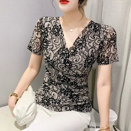 复古印花T恤女短袖夏季性感V领网纱小衫别致洋气修身小衫显瘦半袖商品大图