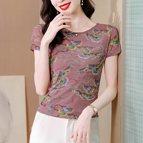 夏季2023新款复古T恤女短袖时尚漂亮印花小衫性感网纱修身上衣ins商品大图