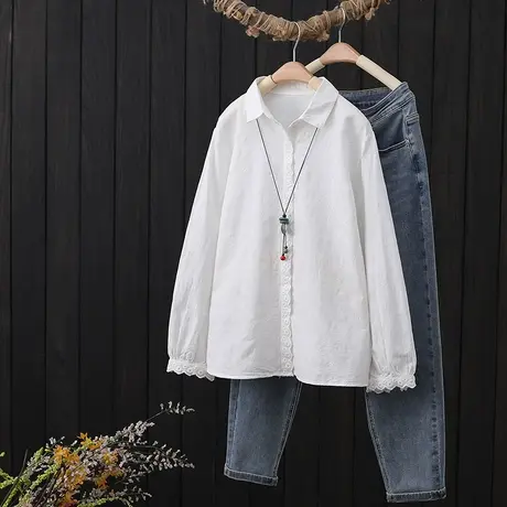 白色纯棉长袖衬衫女春季2023年新款文艺花边宽松简约衬衣外穿上衣图片