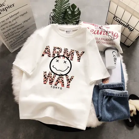 2020春夏韩国东大门chic豹纹笑脸宽松半袖T恤磨毛加厚打底衫大码商品大图