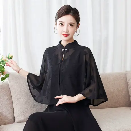 复古立领立体纯色网纱披肩薄款雪纺衫夏小披肩式外套上衣罩衫女商品大图