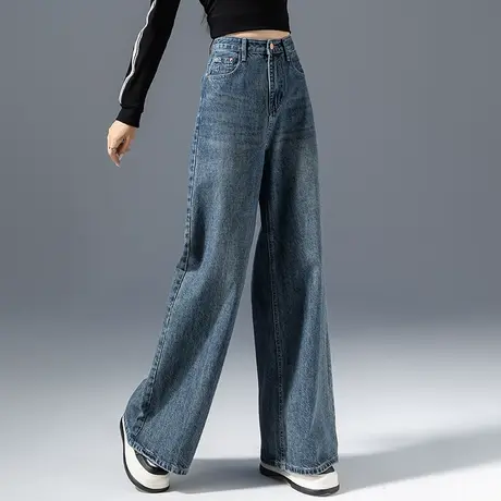高腰窄版阔腿牛仔裤女2023新款秋季宽松裤子拖地长裤阔脚裤直筒裤商品大图