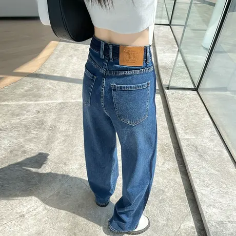 撞色阔腿牛仔裤女2023年春秋新款高腰宽松显瘦ins百搭直筒长裤潮图片