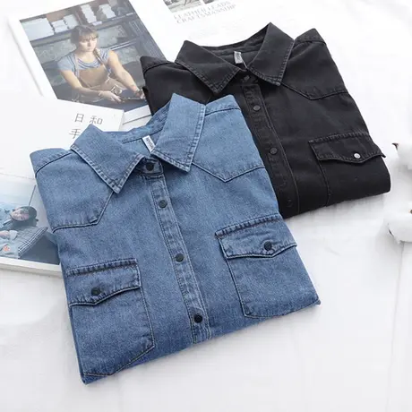 2019春秋季新款韩版复古百搭显瘦牛仔衬衫女学生港味宽松打底衬衣图片