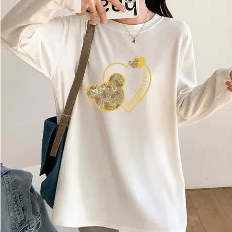 早秋季长袖t恤女纯棉宽松中长款磨毛加厚上衣白色圆领内搭打底衫商品大图