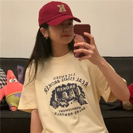 红续港风复古小个子纯棉宽松短袖T恤女2023夏季新款半袖上衣ins潮图片