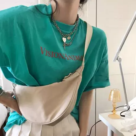 设计感小众绿色短袖t恤女2023年夏季新款宽松古着感学生半袖体恤商品大图