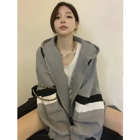 落肩外套女oversize慵懒风春秋复古港味chic连帽开衫卫衣ins超火图片