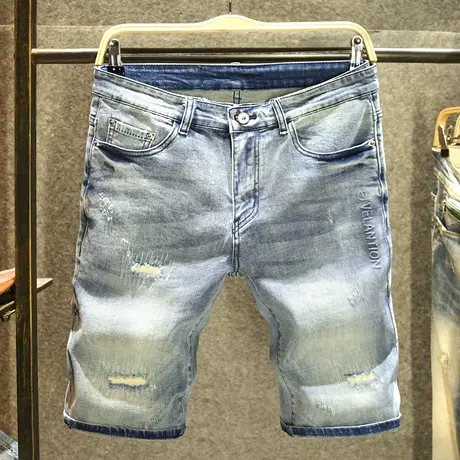 破洞牛仔五分裤男夏季韩版休闲5分短裤直筒修身高端潮牌烫印中裤商品大图