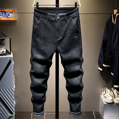 春季新款潮流百搭黑色潮牌牛仔裤男修身小脚韩版男士宽松弹力百搭商品大图