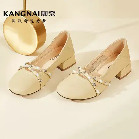 康奈女鞋2022年秋季新款真皮浅口方头交叉绑带粗跟玛丽珍鞋女单鞋商品大图