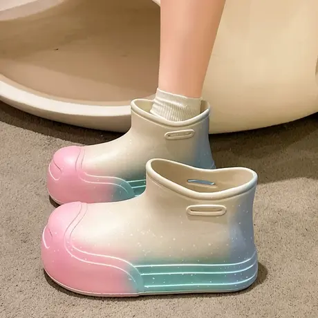 雨靴女款2023年秋季新款厚底防滑一脚蹬水鞋渐变色短筒马丁短靴子商品大图