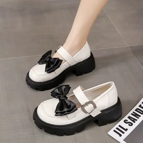 蝴蝶结小皮鞋女2023新款春秋季厚底粗跟软底配裙子日系jk玛丽珍鞋商品大图