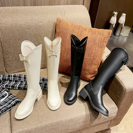 百翎2022秋冬新款长靴粗跟厚底软底高筒靴时尚百搭水钻米色靴子女图片