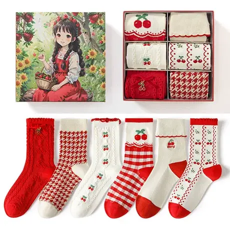 红色袜子女本命年礼盒装新年袜少女学生中筒棉袜可爱卡通花边长袜商品大图