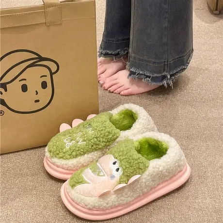 可爱恐龙包跟棉拖鞋女冬季室内居家毛绒保暖防滑外穿厚底月子棉鞋图片