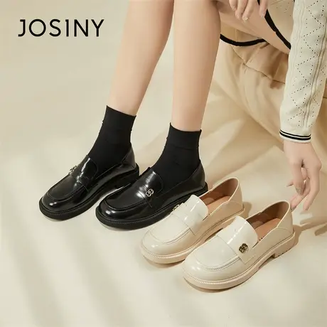 Josiny/卓诗尼黑色小皮鞋女2024新款春季粗跟厚底英伦风乐福鞋子商品大图