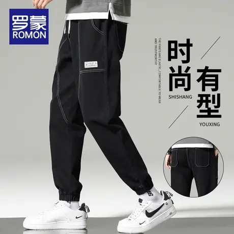 罗蒙工装九分裤子男黑色潮牌束脚牛仔裤男士春秋季新款休闲长裤男图片