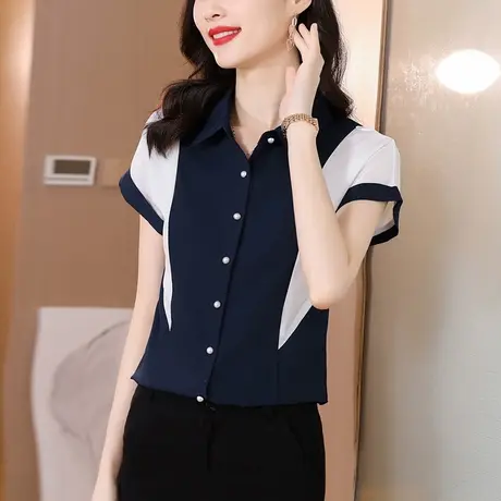2023新款夏季女士短袖衬衫设计感小众气质法式拼色显瘦衬衣女薄款图片