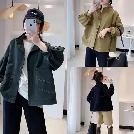 工装短外套女春秋新款大码韩版复古百搭宽松显瘦休闲大口袋夹克潮商品大图