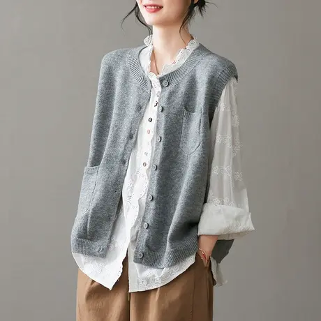 dza 复古短款纯色棉线针织马甲女士2023春秋外搭背心显瘦毛衣马夹商品大图