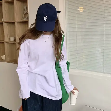 2023新款春秋冬季小众设计感宽松白色长款T恤女装长袖打底衫上衣商品大图