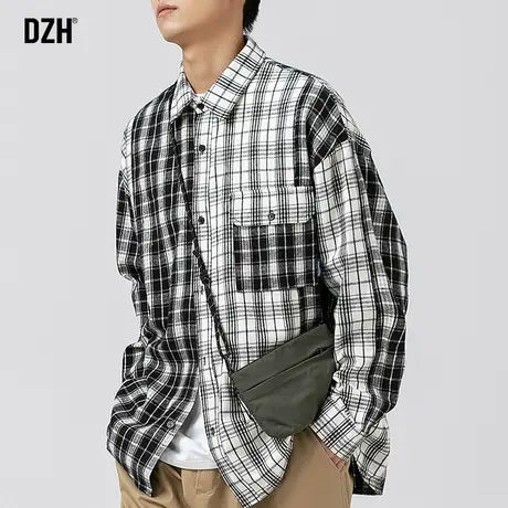 男士黑白格子衬衫男长袖秋季2023年新款宽松衬衣复古港风chic外套商品大图