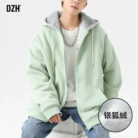 浅绿色男士加绒加厚外套男冬季2023新款银狐绒开衫卫衣运动连帽衫图片