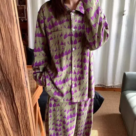 新品！全棉磨毛翻领长袖长裤睡衣套装～舒适休闲柔软家居服可外穿商品大图
