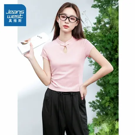 KMV真维斯国风盘扣短袖t恤女2025新款新中式夏季设计感小众短上衣商品大图