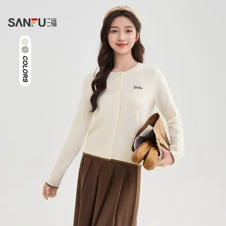 三福开衫2025秋季刺绣装饰撞色下摆宽松毛织上衣女装503610商品大图