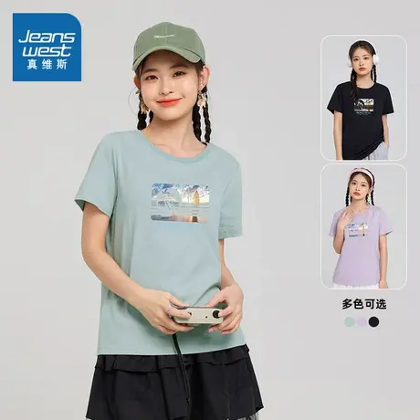DE真维斯女装2023夏季新款休闲时尚圆领针织上衣纯棉印花短袖商品大图