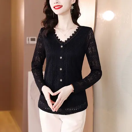 V领长袖蕾丝打底衫女2023新款秋季高档内搭上衣大码宽松胖MM小衫商品大图