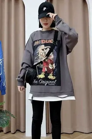 韩国2023春秋新款印花卫衣女韩版宽松大版假两件慵懒风破洞上衣潮图片