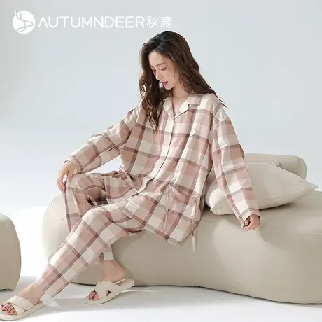 秋鹿【清仓仅剩小码】梭织棉格子睡衣女春秋季小翻领纯棉家居服女商品大图