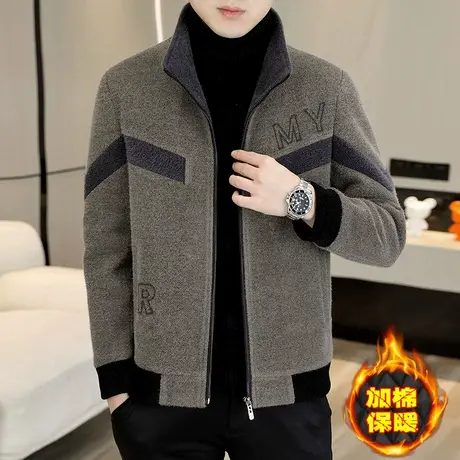 秋冬季潮流呢子外套男士金貂绒立领夹克冬装加棉加厚休闲毛呢大衣商品大图