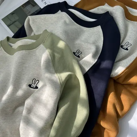 绿色拼接袖圆领卫衣2023新款女春秋设计感小众刺绣兔子宽松上衣潮商品大图