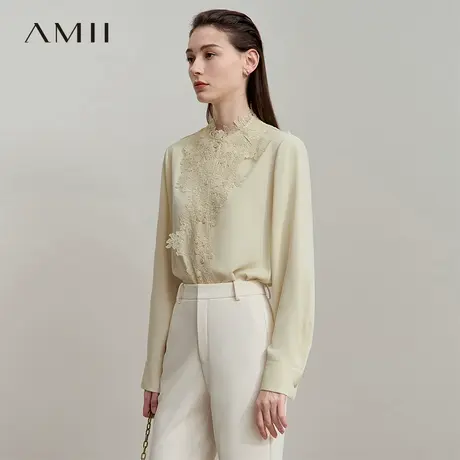 Amii2025秋新款通勤知性精致花边拼接宽松长袖无弹雪纺衬衫女图片