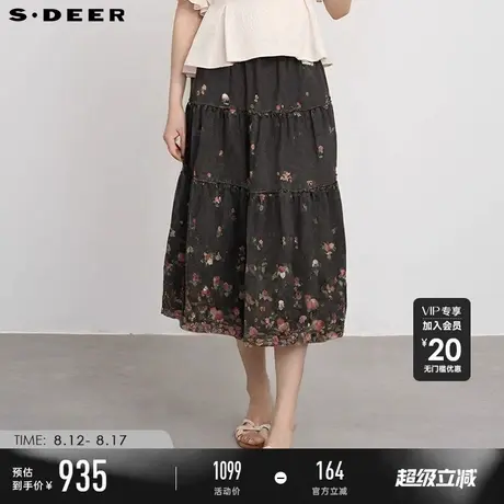 【商场同款】sdeer圣迪奥复古高腰玫瑰印花牛仔A字长裙S25181106图片