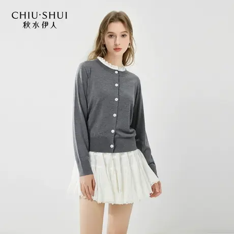 秋水伊人时尚针织开衫女秋装新款气质立领花边领宽松短外套针织衫图片
