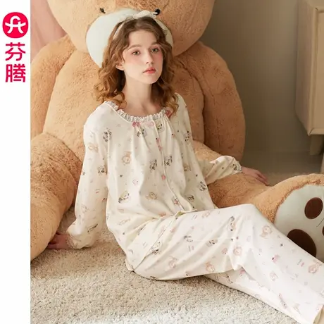 芬腾女睡衣春秋季纯棉长袖长裤可爱卡通抗静电大码女款家居服套装商品大图