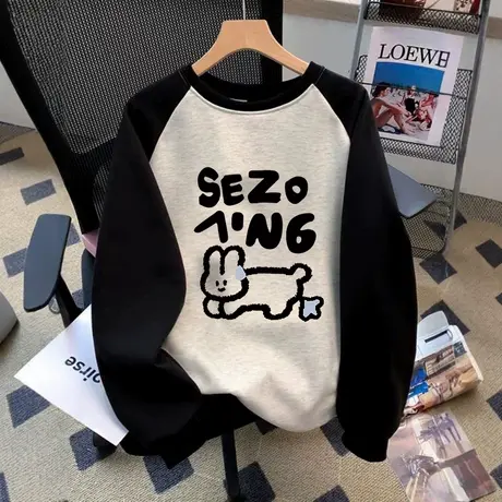 正肩春秋卫衣女薄款大码oversize复古学院风撞色上衣ins闺蜜外套商品大图
