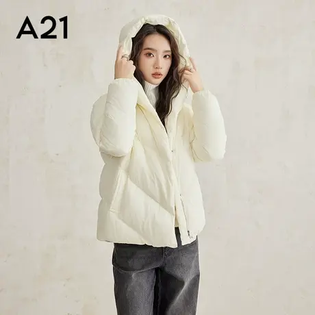 A21女装梭织宽松连帽落肩开襟厚短羽绒服加厚保暖面包服羽绒图片