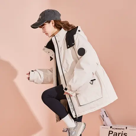 【防水】唐狮撞色连帽羽绒服女2024冬季新款爆款工装外套派克服商品大图