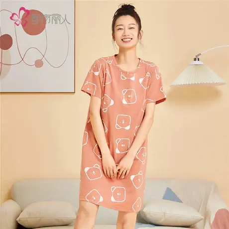 都市丽人睡裙女中长款睡衣棉套头卡通印花圆领短袖睡裙女夏季学生商品大图