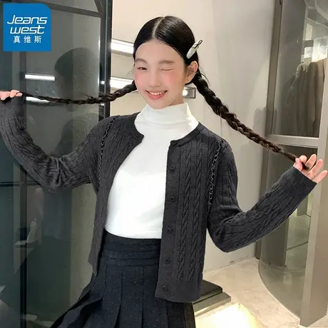 KHV真维斯短款毛衣女2025新款春秋款外搭小个子圆领针织开衫外套商品大图