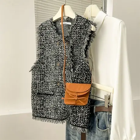 唐狮秋冬小香风毛边设计开衫女马甲春秋外穿高级感小个子上衣tu图片